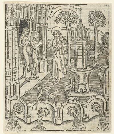 God toont Adam en Eva het Paradijs door Master of Delft (attributed to)