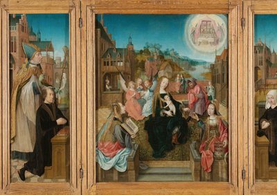 Drieluik met Madonna en Kind met heiligen (midden), mannelijke schenker met Sint-Maarten (links, binnenvleugel), vrouwelijke schenker met Sint-Cunera (rechts, binnenvleugel), en de Annunciatie (buitenvleugels) door Master of Delft