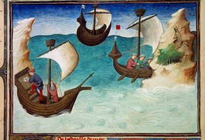 Navigators in de Indische Oceaan georiënteerd met sterren en astrolabium. Miniatuur in 