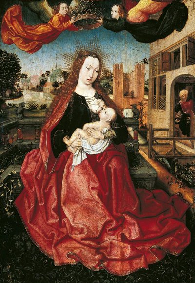 Madonna en Kind gekroond door twee engelen door Master of Frankfurt