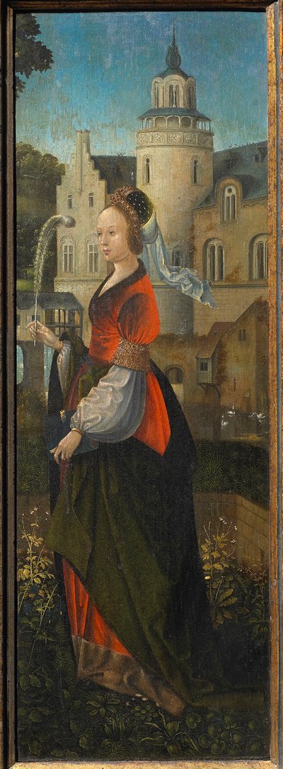 Heilige Barbara. Heilige Familie met Engelen en Heiligen Catharina en Barbara drieluik, 16e eeuw door Master of Hoogstraeten