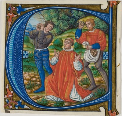 De Steniging van Sint Stefanus in een Geïllustreerde Initiaal "A" of "C" uit een Graduale door Master of Jacques de Besançon