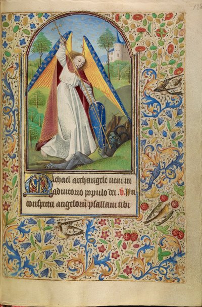 Sint Michiel in gevecht met de duivel door Master of Jacques of Luxembourg