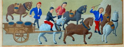 De druivenoogst en transport (detail) door Master of Jean Rolin II