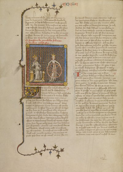 Salomo met een gekroonde vrouwenfiguur die een wiel vasthoudt dat het draaien van de seizoenen illustreert door Master of Jean de Mandeville