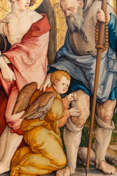 Duits: Die Heiligen Sebastian und Rochus De heiligen Sebastian en Roch door Master of Messkirch