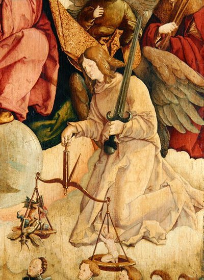 St. Michael die zielen weegt (detail) door Master of Messkirch