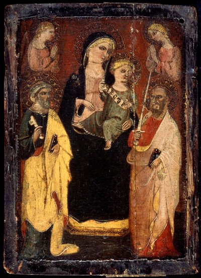 Madonna en Kind op de troon met heiligen Petrus en Paulus door Master of San Jacopo a Muciano