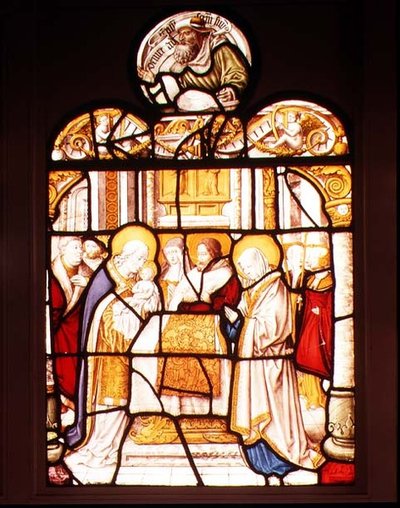 De presentatie in de tempel; raam van de Cisterciënzerabdij van Mariawald, Eifel door Master of St. Severin