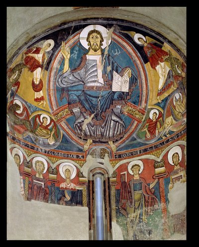 Christus in Majesteit geflankeerd door serafijnen en symbolen van de evangelisten, apsisfresco uit San Climente in Taull (Tahull) Catalonië, c.1123 door Master of Tahull