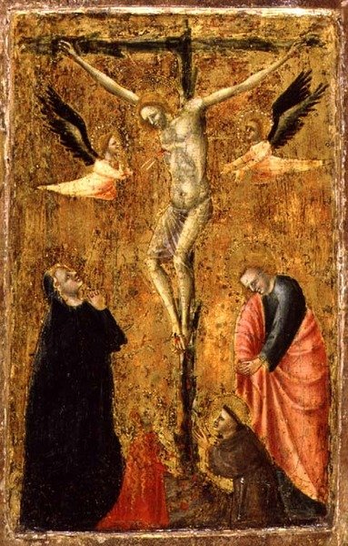 De kruisiging met de Maagd en de heiligen Johannes de Evangelist, Franciscus van Assisi en Maria Magdalena door Master of Verrucchio