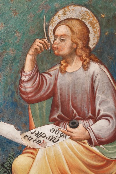 "St. Mattheüs de Evangelist" schrijft "Cum natus esset Yhesus", c.1420 (fresco) Detail, c.1420 door Master of Vignola