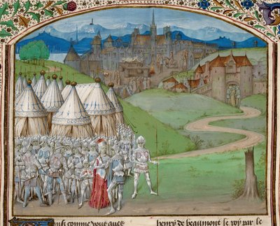 Koningin Isabella en haar leger met de kwartiering van het lichaam van Hugh le Despenser op de achtergrond, illustratie uit 