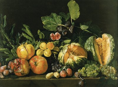 Granaatappels, meloenen, druiven, perziken, vijgen en ander fruit op een stenen richel door Master of the Acquavella Still Life