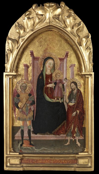 Maagd en Kind op de Troon met de Heilige Michaël en de Heilige Johannes de Doper door Master of the Arcetri Altarpiece