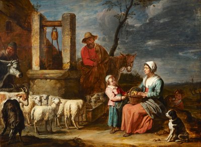 Boerenfamilie bij een waterput door Master of the Béguins