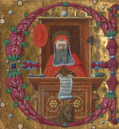 Begin E: Hiëronymus in zijn studeerkamer door Master of the Birago Hours