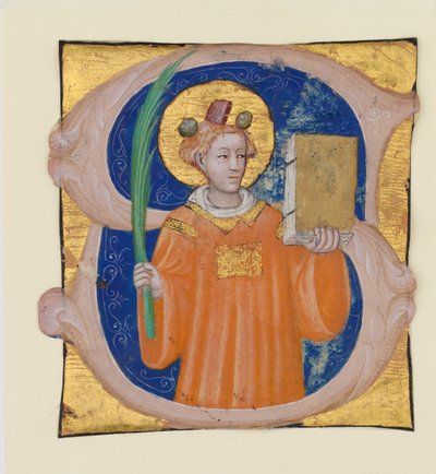 Manuscriptverlichting met Sint Stefanus in een Initiaal S, uit een Antifonarium, ca. 1410-20 door Master of the Brussels Initials