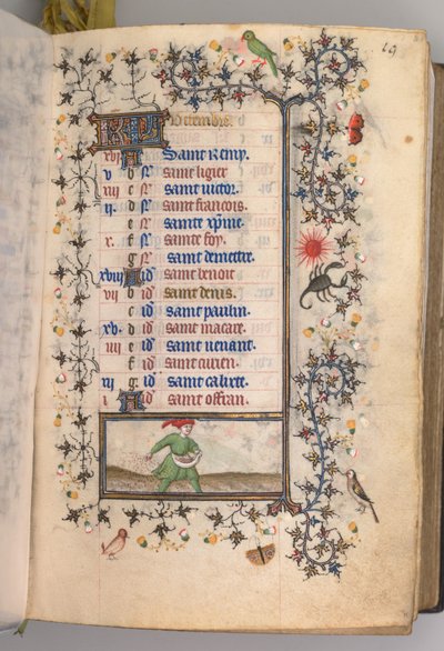 Getijdenboek van Karel de Edele, Koning van Navarra 1361-1425: fol. 10r, Oktober, ca. 1405 door Master of the Brussels Initials and Associates