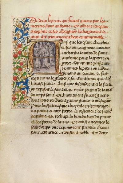 Initial A: Het lichaam van de heilige Antonius vervoerd naar Constantinopel en de genezing van twee lepralijders na het aanraken van het lichaam van de heilige door Master of the Brussels Romuléon