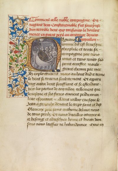 Initial N: Het schip van bisschop Theophilus uit koers geslagen en bisschop Theophilus in gebed door Master of the Brussels Romuléon