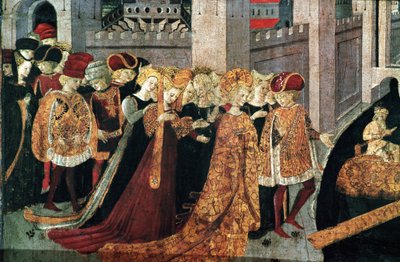 Decameron van Boccaccio (Jean Boccaccio): de kasteelheer Pericone verwelkomt Alatiel, dochter van de sultan van Babylon Beminedab en haar gevolg op het eiland Mallorca door Master of the Cassoni