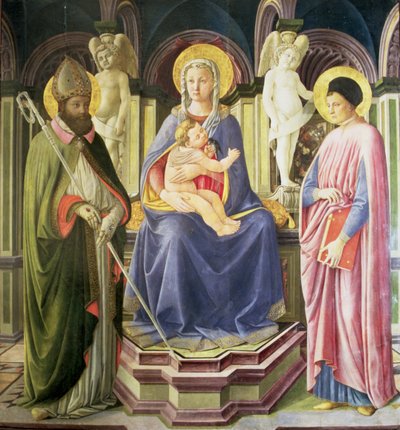 De Madonna en Kind met SS. Clemens en Justinus door Master of the Castello Nativity
