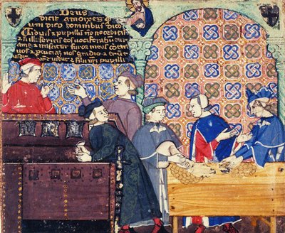 Hebzucht. Een miniatuur met scènes van bankieren door Master of the Cocharelli Codex