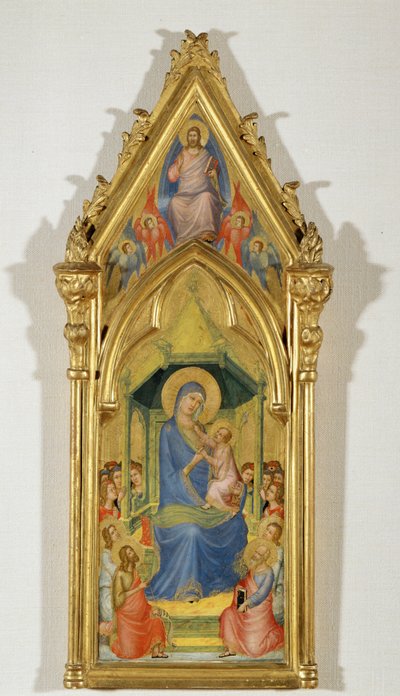 Madonna op een troon tussen twee engelen, Sint Johannes Baptist en Sint Petrus (schilderij op hout) door Master of the Codex of Saint George