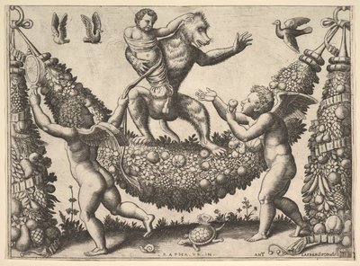 Een aap die een gebonden putto vasthoudt, staand op een guirlande door Master of the Die