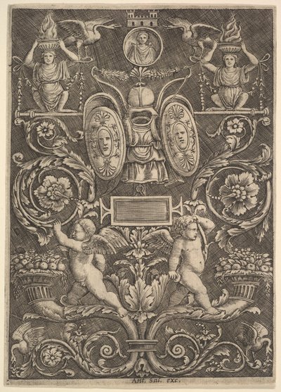 Een paneel van ornament, putti staand op cornucopia in onderste gedeelte, 1530-60 door Master of the Die