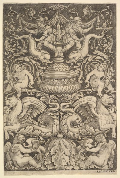 Een paneel met ornamenten met een grote pot in het midden, putti en andere figuren, 1530-60 door Master of the Die