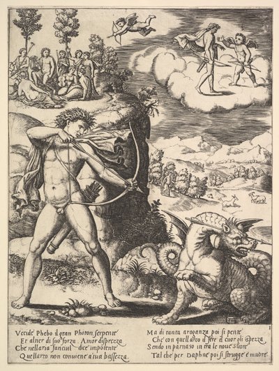 Apollo staand links schiet een python met een pijl, boven links zijn de muze..., 1530-60 door Master of the Die