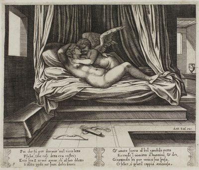 Cupido in de armen van Psyche door Master of the Die