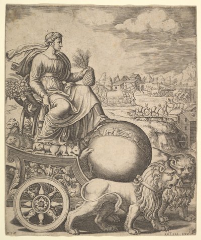Cybele in haar wagen getrokken door twee leeuwen, 1530-60 door Master of the Die