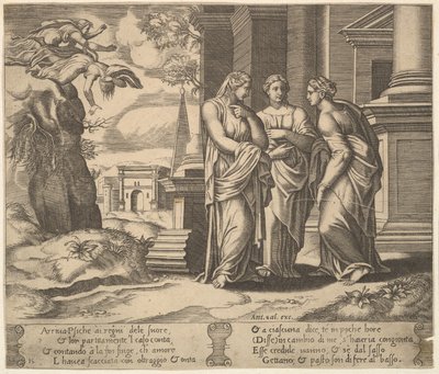 Psyche vertelt haar zusters over haar tegenslagen, uit De Fabel van Psyche, 1530-60 door Master of the Die