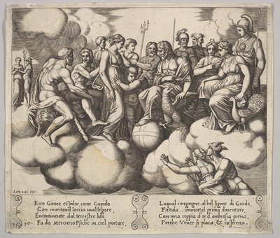 Venus en Cupido pleiten hun zaak in de aanwezigheid van Jupiter en andere Goden, 1530-60 door Master of the Die