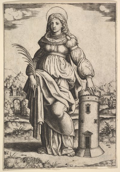 Sint Barbara staand, palm in haar rechterhand, rustend met haar linkerhand op een toren door Master of the Die