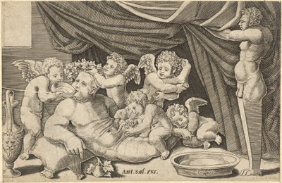 Speculum Romanae Magnificentiae: Bacchus omringd door putti met Priapus, 16e eeuw door Master of the Die