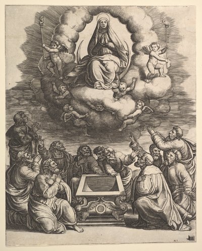 De Tenhemelopneming van de Maagd, onder de apostelen omringen het graf door Master of the Die