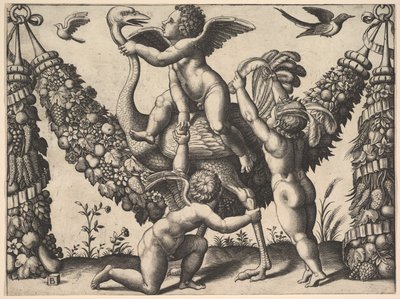 Drie putti voor een grote slinger, de middelste rijdt op een struisvogel, ca. 1530-40 door Master of the Die