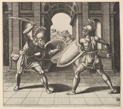 Twee gladiatoren vechten voor een boog, 1530-60 door Master of the Die