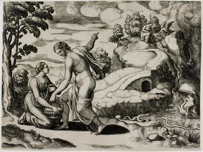Venus beveelt Psyche om water te halen uit een fontein bewaakt door draken door Master of the Die