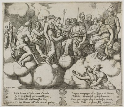 Venus en Cupido pleiten hun zaak in de aanwezigheid van Jupiter en andere goden door Master of the Die