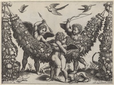 Twee Putti...Die Een Ander Slaan Die Een Kind Knijpt door Master of the Die after Raphael