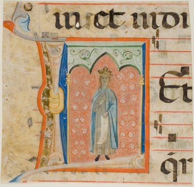 Heilige vrouw in een historische initiaal "L" uit een koorboek door Master of the Dominican Effigies