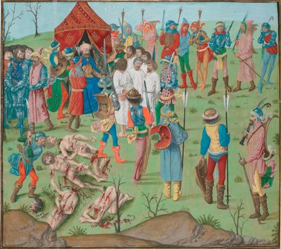 Nasleep van de Slag bij Nicopol Het bloedbad van de christenen als wraak voor het bloedbad van Rahova. Jean Froissart, Kronieken, Flandres, Brugge door Master of the Dresden Prayer Book