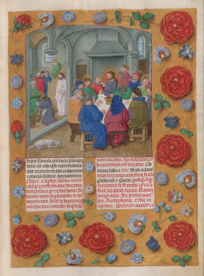 Temporale (1e deel: van Eerste Zondag van Advent tot Stille Zaterdag). Het Laatste Avondmaal (Witte Donderdag, Metten). Rand met bloemendecoratie. Twee kolommen tekst. door Master of the Dresden Prayer Books