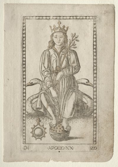 Apollo uit de Tarocchi, serie D: Apollo en de Muzen, #20, voor 1467 door Master of the E Series Tarocchi