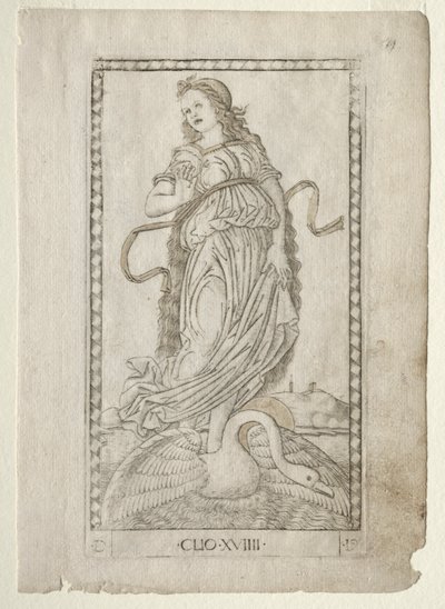 Clio geschiedenis uit de Tarocchi-serie D: Apollo en de Muzen, #19, voor 1467 door Master of the E Series Tarocchi